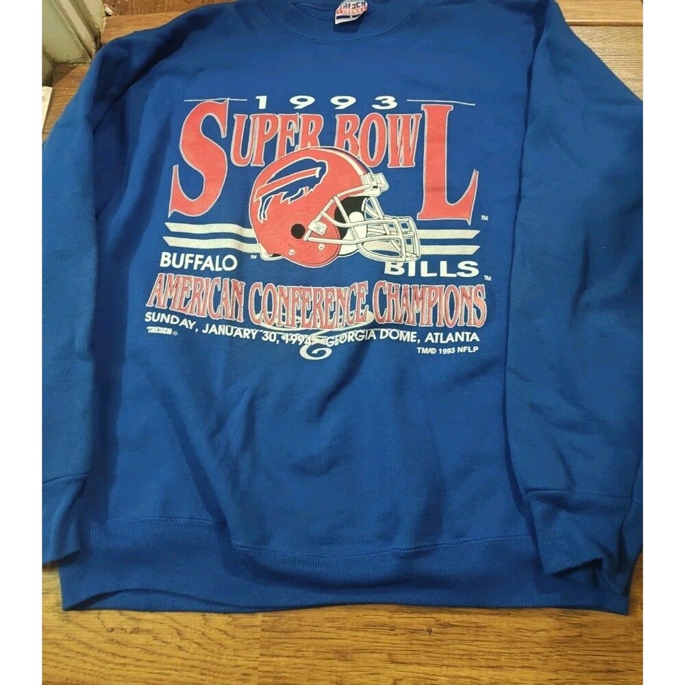 VTG 90s 1993 Buffalo Bills NFL Super Bowl XXVII Blue Sweater Trench Size Large